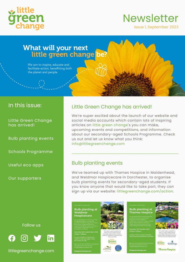 Little Green Change's September 2023 newsletter, page 1