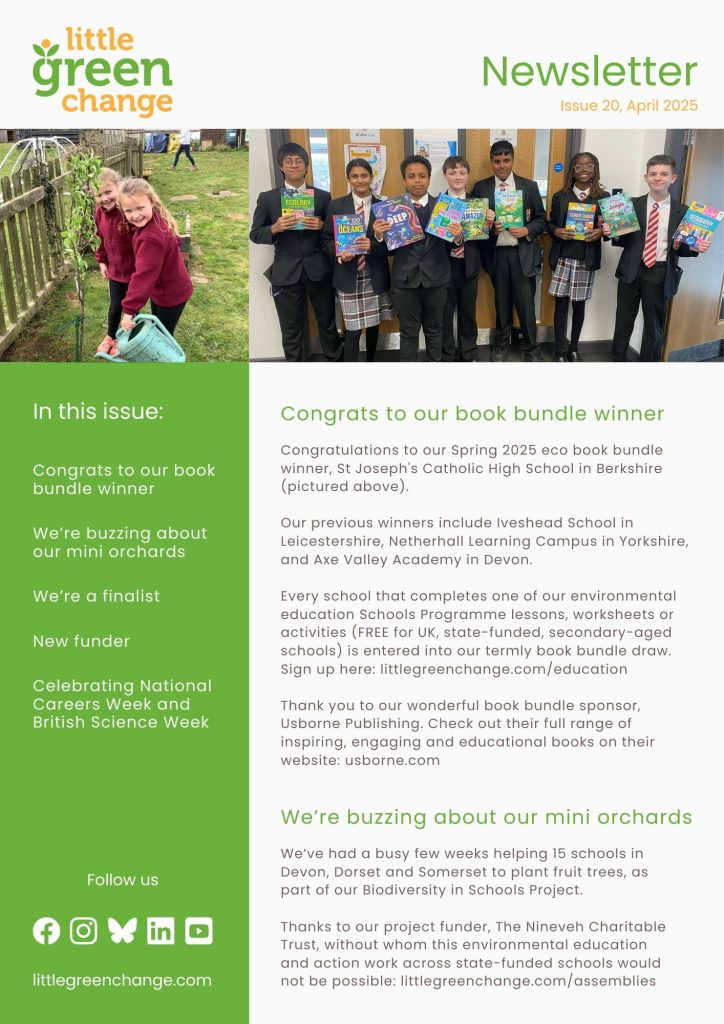 Little Green Change, April 2025 newsletter, page 1