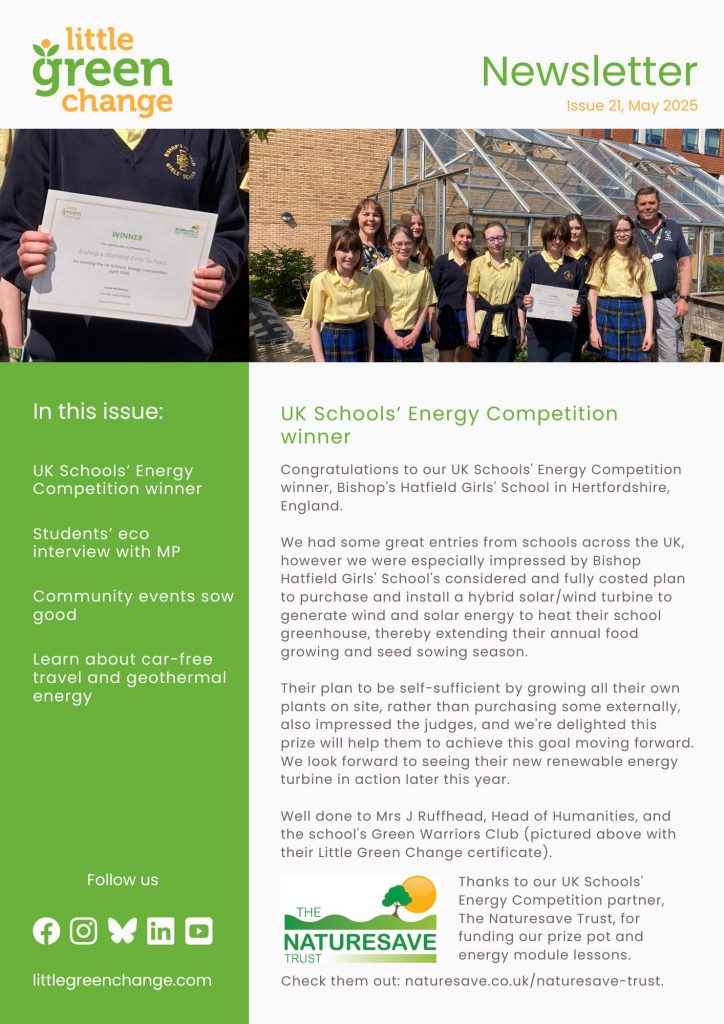 Little Green Change, May 2025 newsletter, page 1