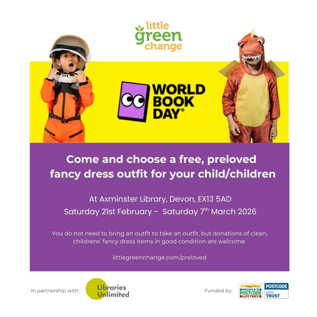 Little Green Change World Book Day rail at Axminster Library, 2026